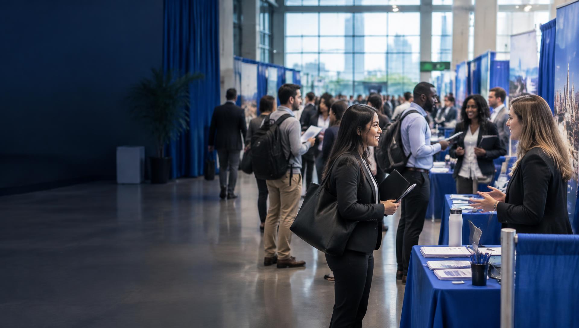 Career seekers meeting employers at a hiring expo